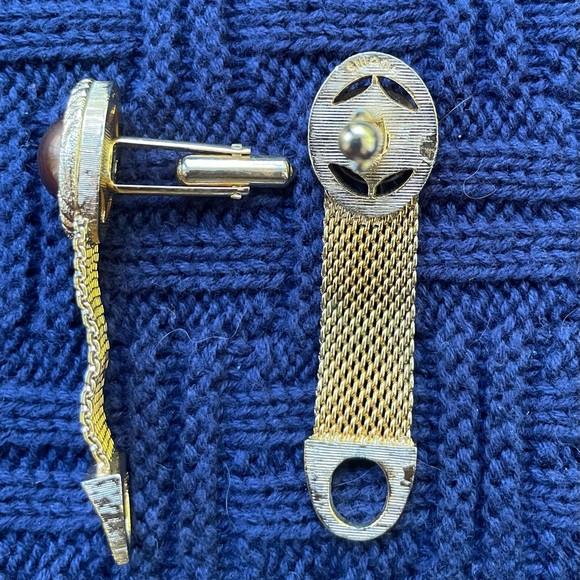 Vintage SWANK MESH WRAP CUFFLINKS & TIE BAR SET With Tigers Eye Stone - Picture 4 of 7